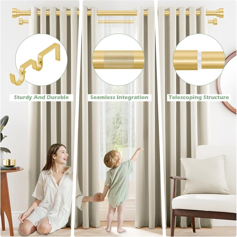 TANGWIN Gold Double Curtain Rods for windows 66 to 120:Adjustable Heavy Duty Double Curtain Rod for Bedroom Living Room,1 Inch Brass Gold Iron Moden Decorative Telescopic Dual Drapery Rod Easy Install - Image 2
